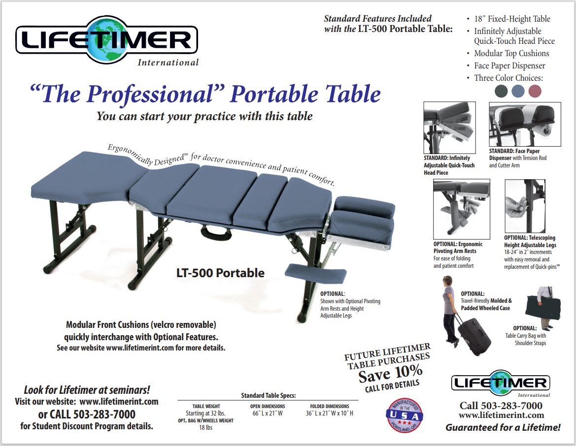 Lifetimer International LT-500 portable chiropractic drop table specification sheet for table dimensions 66" x 21"