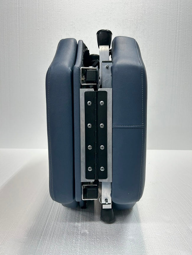 Blue Lifetimer International light-weight Ultim-Lite Portable Ergonomic Chiropractic adjustment therapy table airline travel friendly and also for massage, acupuncture and naturopath, physios and physical therapy folded for travel