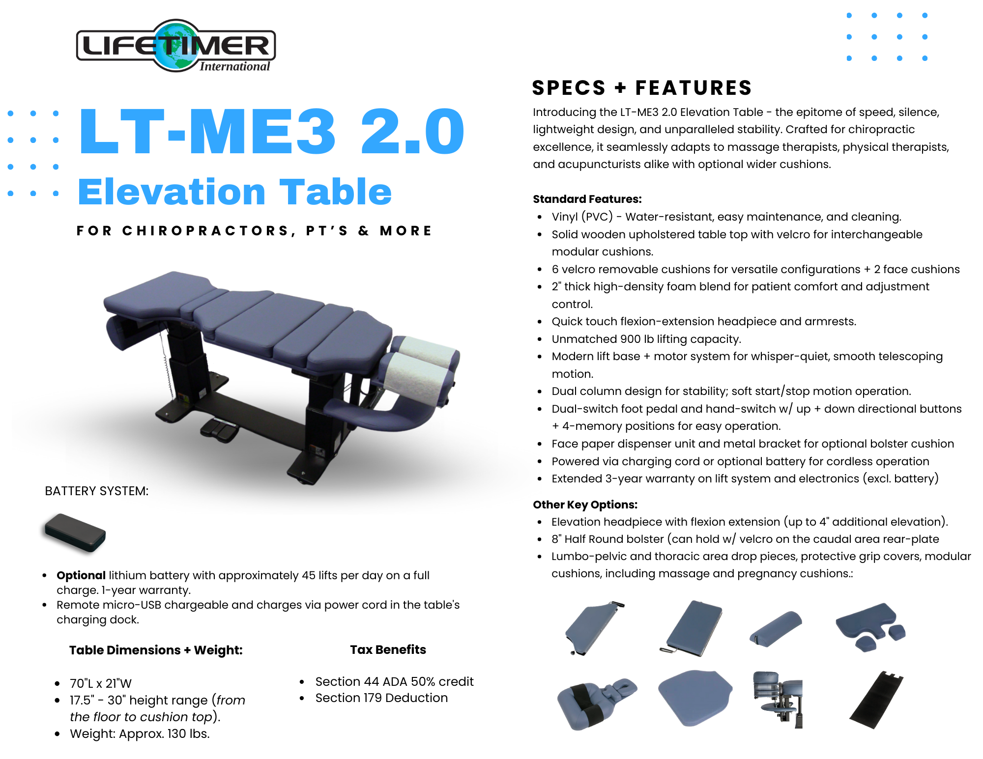 Spec Sheet for LT-ME3 2.0 Chiropractic Elevation Drop Table From Lifetimer International