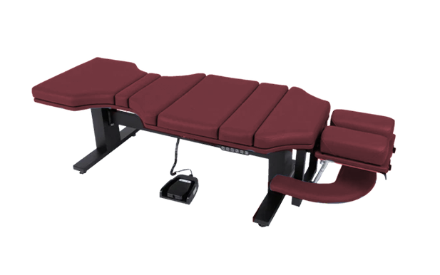 Burgundy Lifetimer International LT-ME3 ergonomic programmable elevation lift table with foot pedal for chiropractic adjustment drop therapy, massage therapy, acupuncture therapy, physical therapy, naturopathy with flexion / extension headpiece