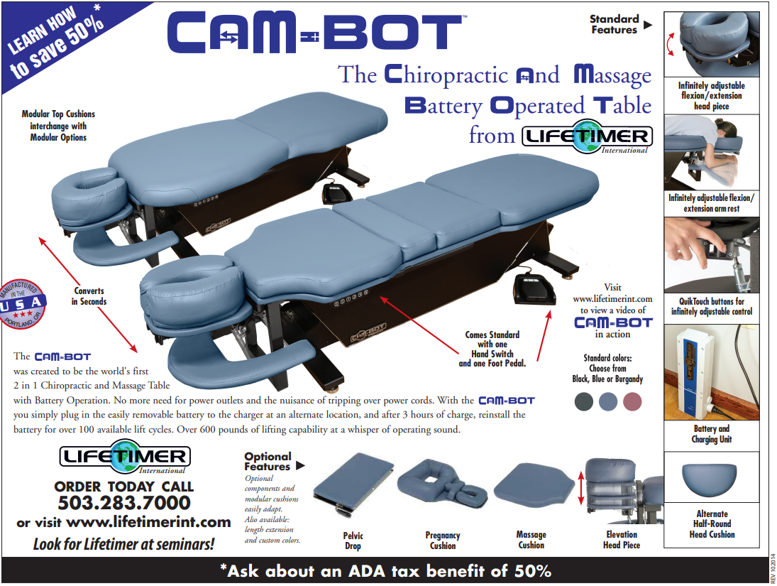 Lifetimer International CAM-BOT spec sheet for battery-operated chiropractic and massage ergonomic programmable elevation lift table with foot pedal for chiropractic adjustment drop therapy, massage therapy, acupuncture therapy, physical therapy, naturopathy with round face cushion headpiece