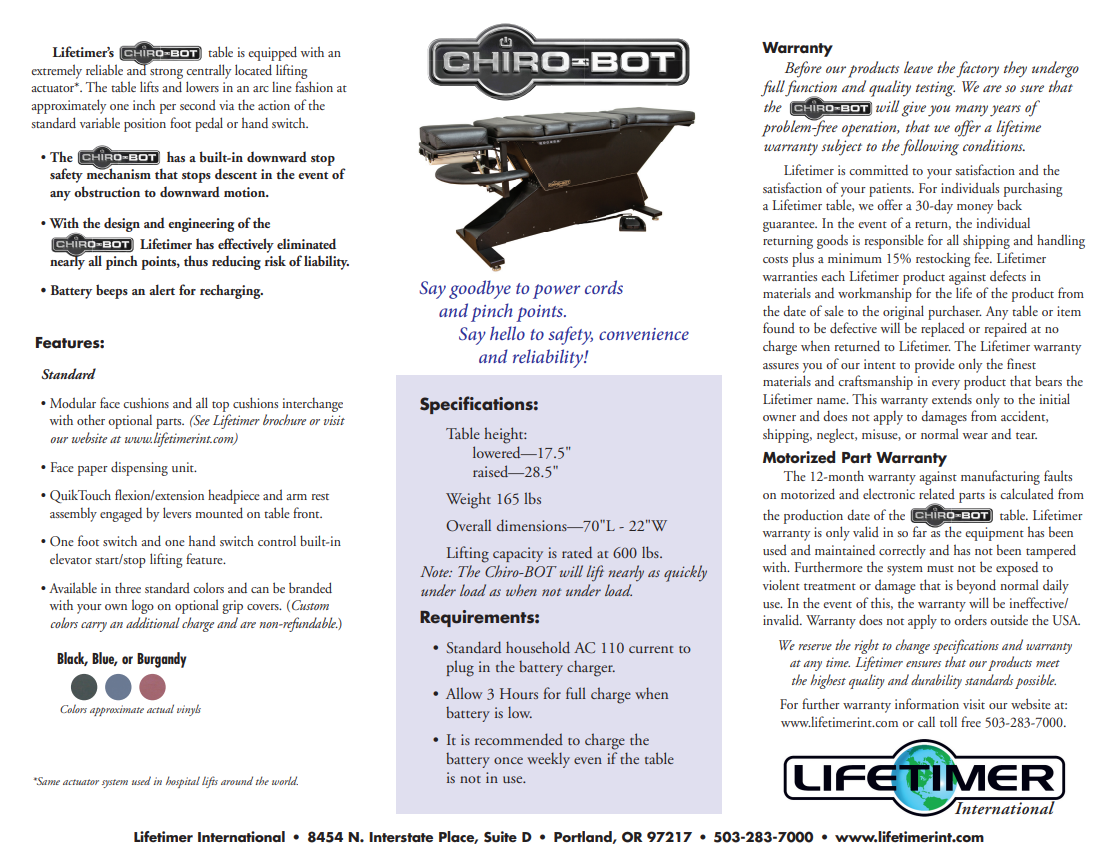 Lifetimer International spec sheet for CHIRO-BOT for battery operated chiropractic elevation table