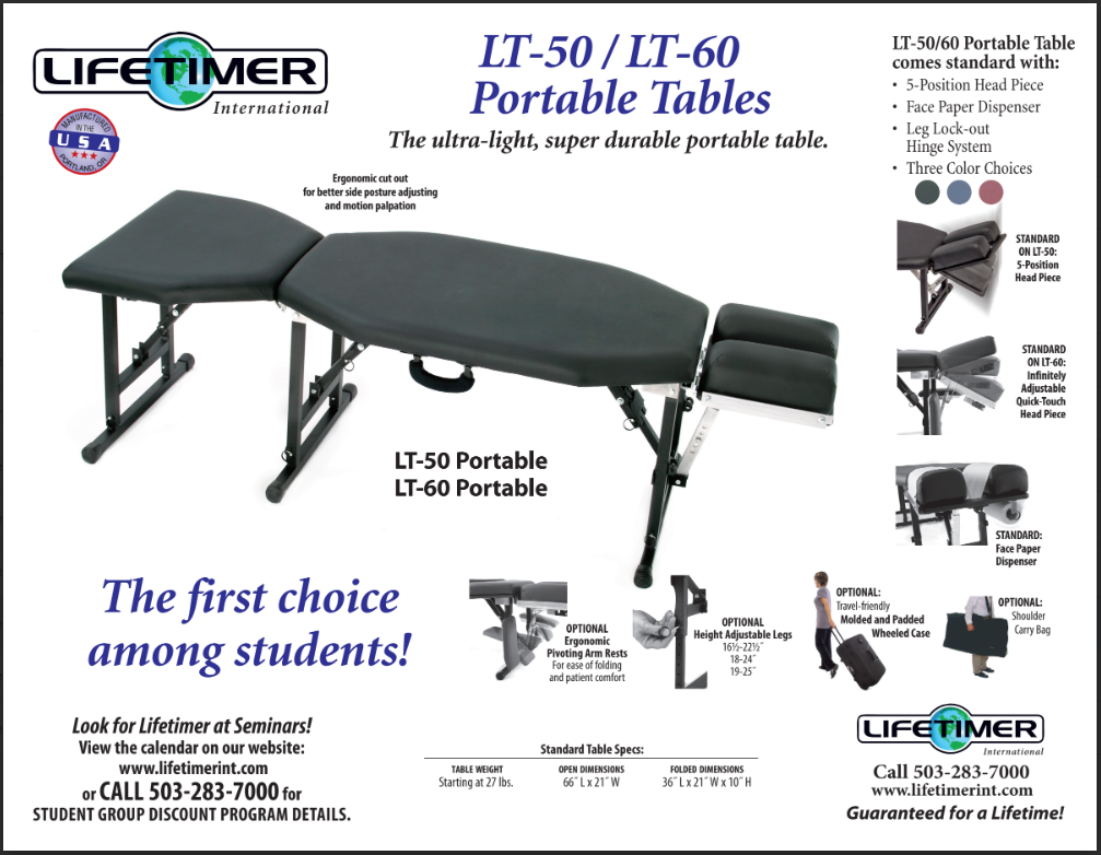 Blue Lifetimer International LT-50 portable chiropractic adjustment drop treatment table specification sheet also for physical therapy and massage