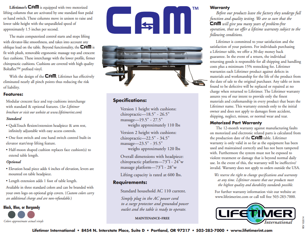 Lifetimer International LT-CAM chiropractic adjustment drop and massage programmable elevation ergonomic treatment table with foot pedal specification sheet