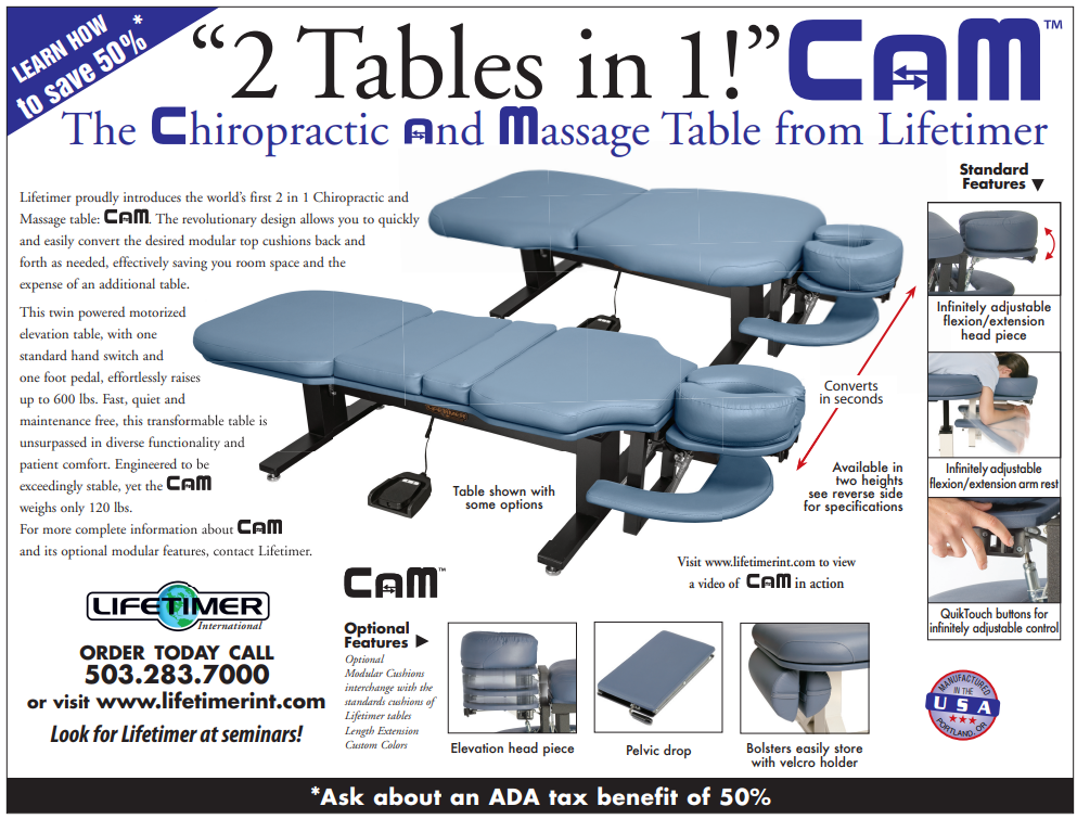 Lifetimer International LT-CAM chiropractic adjustment drop and massage programmable elevation ergonomic treatment table with foot pedal specification sheet