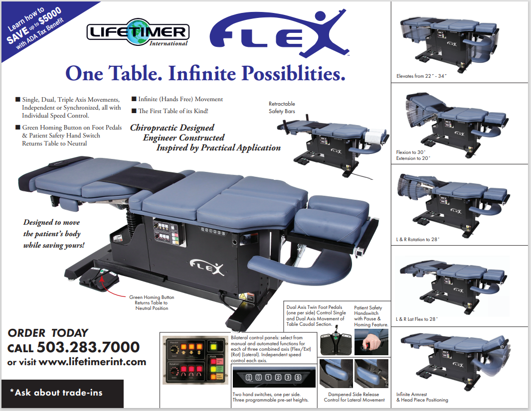 Lifetimer International LT-FLEX flexion distraction elevation chiropractic and massage table specification sheet