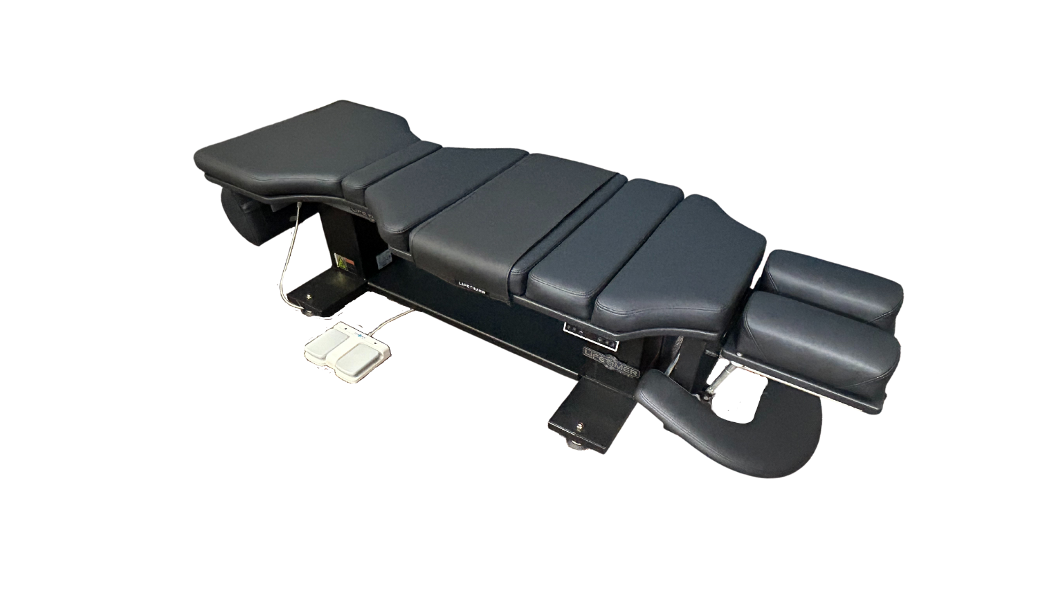 Lifetimer International LT-ME3 2.0 Black Chiropractic Elevation Table with white foot pedal and table grip cover and optional half-round bolster
