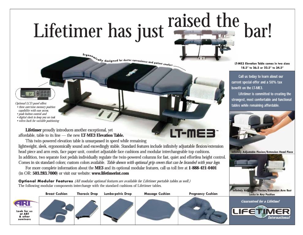 Lifetimer International LT-ME3 specification sheet for ergonomic programmable elevation table with foot pedal for chiropractic adjustment drop therapy, massage therapy, acupuncture therapy, physical therapy, naturopathy with flexion/extension headpiece