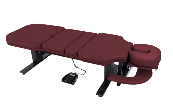 Burgundy Lifetimer International LT-CAM chiropractic adjustment drop and massage programmable elevation ergonomic treatment table with foot pedal