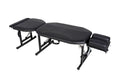 Black Lifetimer International LT-CAT carbon fiber and aluminum portable chiropactic adjustment and massage table with foot rest extension