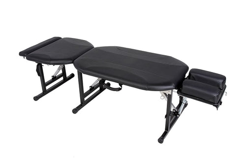 Black Lifetimer International LT-CAT carbon fiber and aluminum portable chiropactic adjustment and massage table with foot rest extension