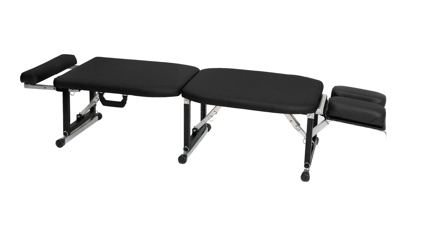 Black Lifetimer International lightweight Travel-Lite portable table for chiropractic, massage, acupuncture, naturopathy, physios, airline friendly travel professional athlete treatment table