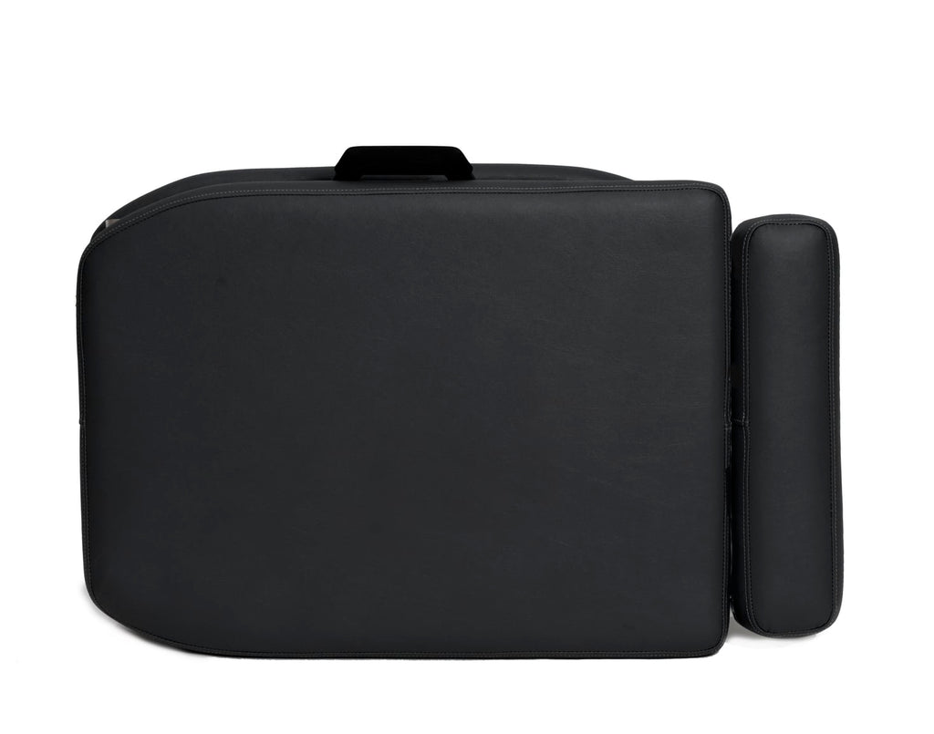 Black Lifetimer International lightweight Travel-Lite portable table for chiropractic, massage, acupuncture, naturopathy, physios, airline friendly travel professional athlete treatment table folded